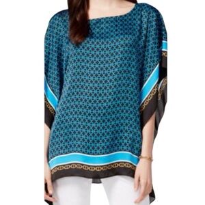 Michael Kors Equestrian Border-Print Satin Poncho Caftan Kimono Top Size OX